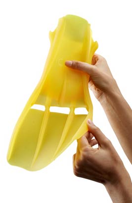 Swim fin that was produced on the Objet500 Connex3 Color Multi-material 3D Printer using new flexible color